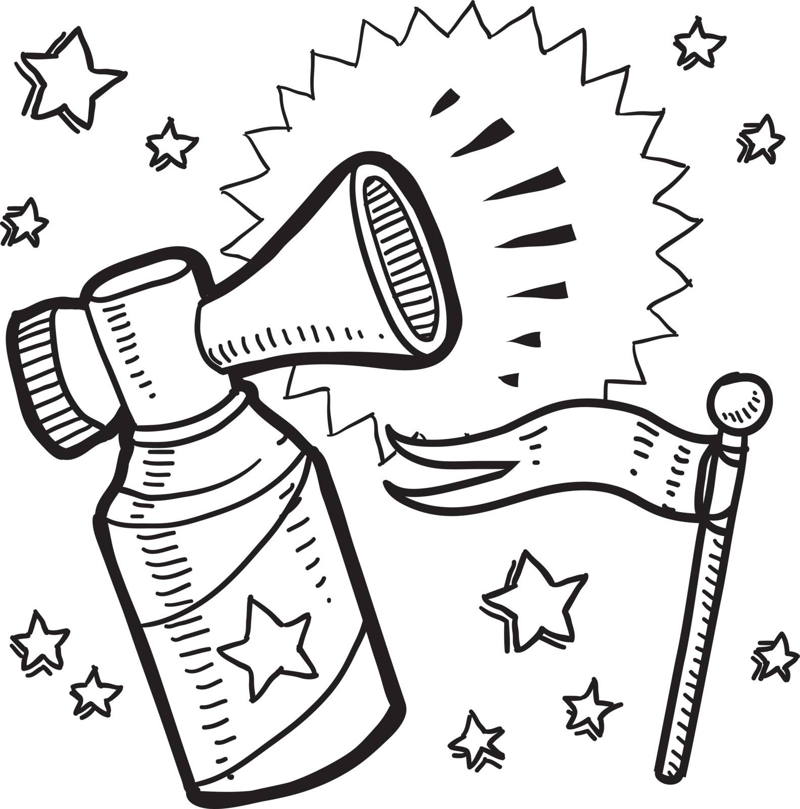 Doodle style announcement icon in vector format. Sketch includes air horn, and flag.