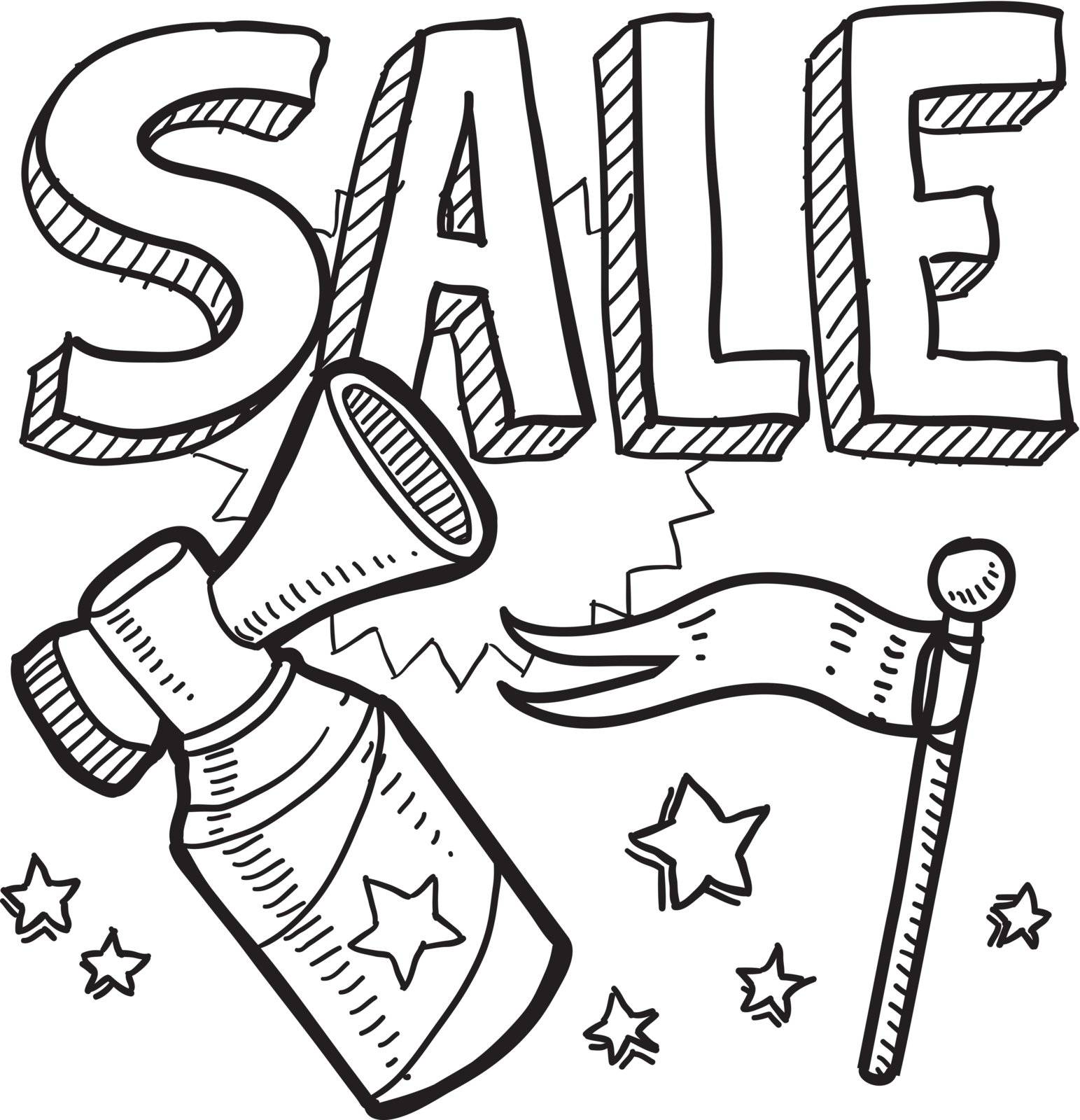 Doodle style retail sale announcement icon in vector format. Sketch includes text, air horn, and flag.
