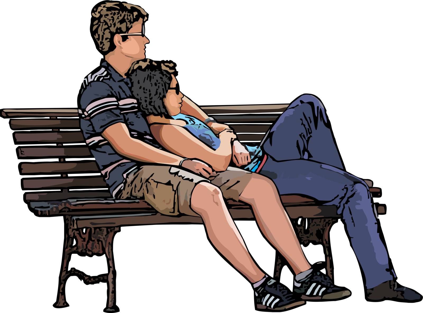 Vector illustration of girl and boy sitting on the bench