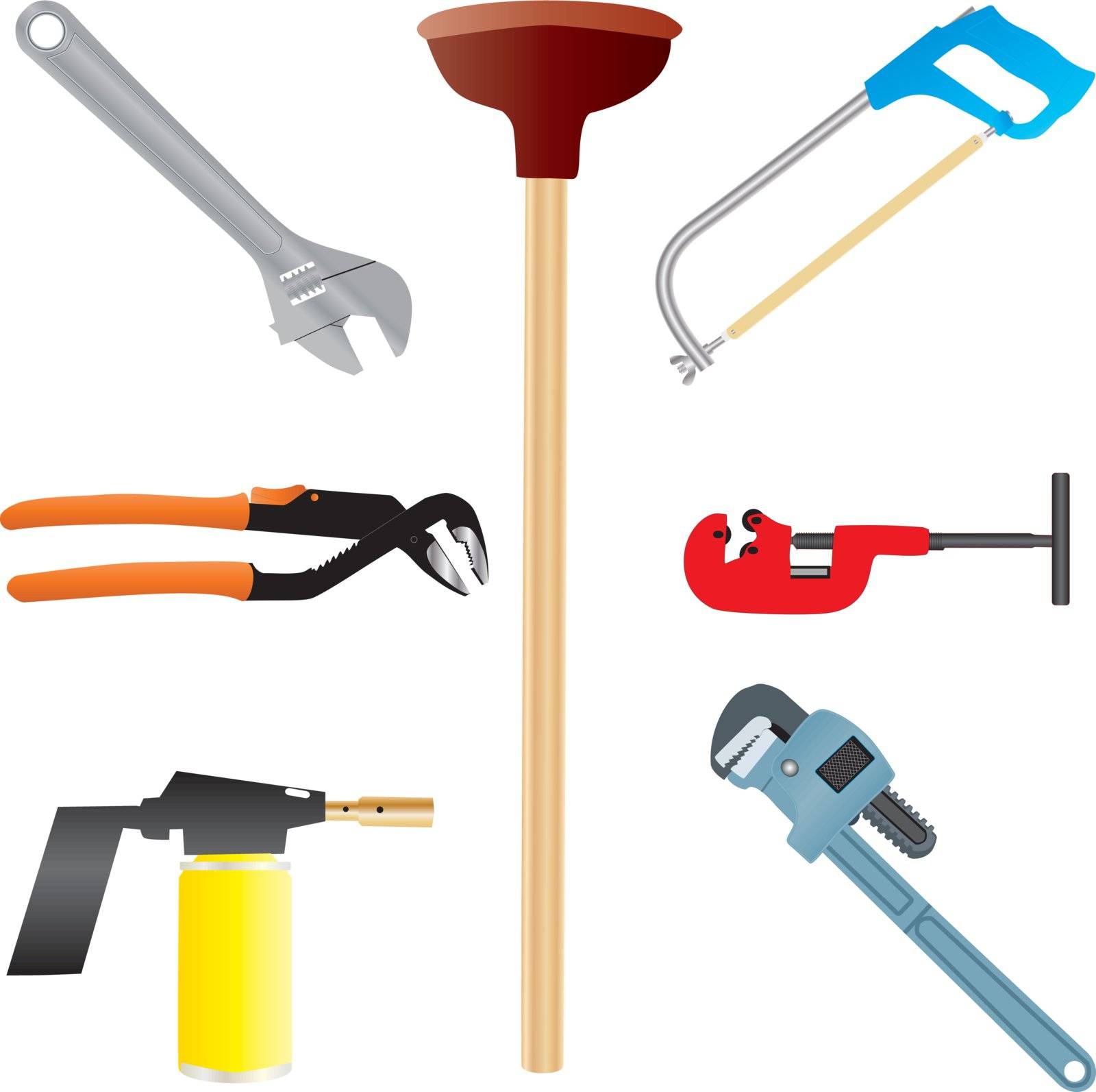 Plumbers Tools,Adjustable Spanner,Wrench,Pipe Wrench,Blow Torch,Pipe Cutter and Hacksaw
