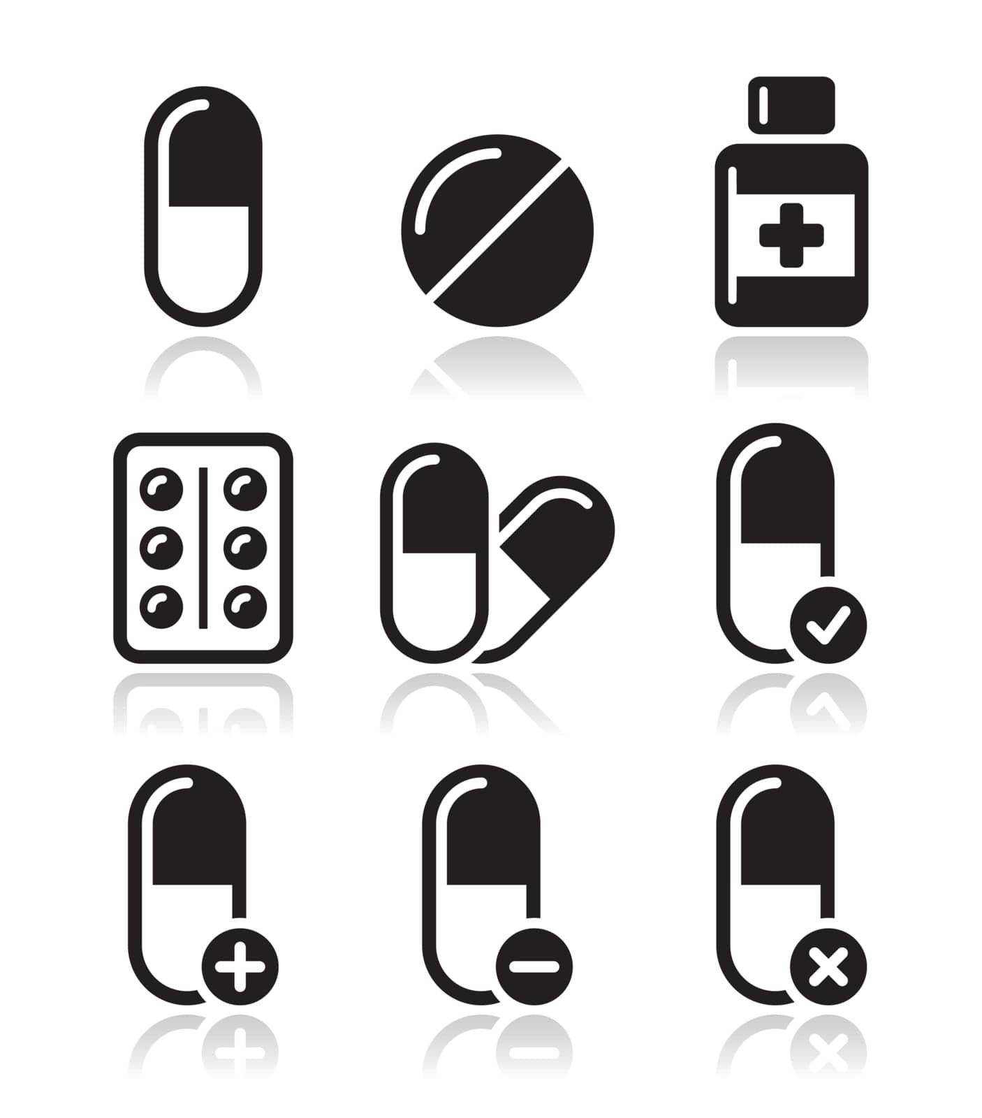 Black icons with reflection isolated on white - health, medicine, pills, addiction