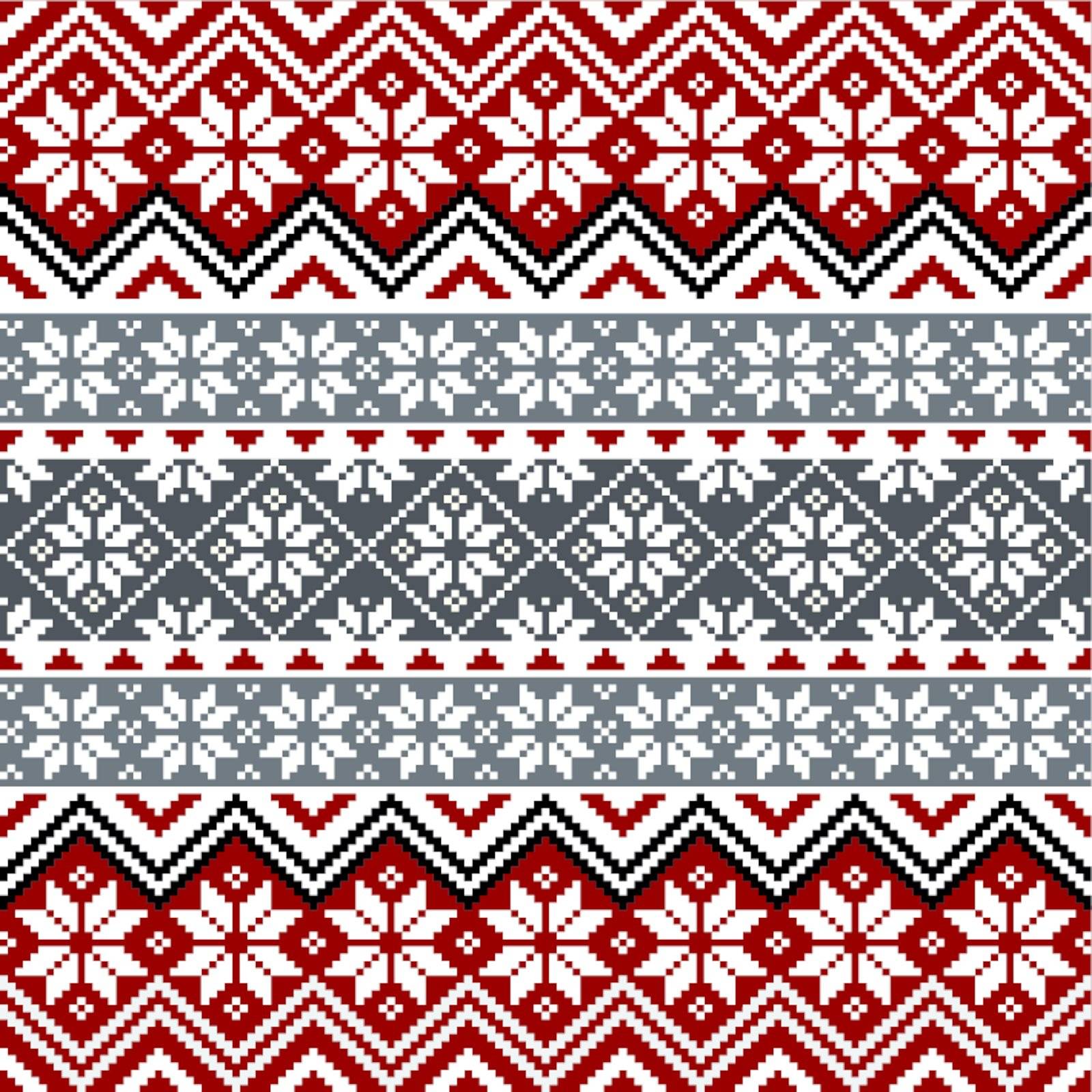 Nordic traditional pattern with snowflakes, white, grey and red design, full scalable vector graphic, all elements are grouped for easy editing