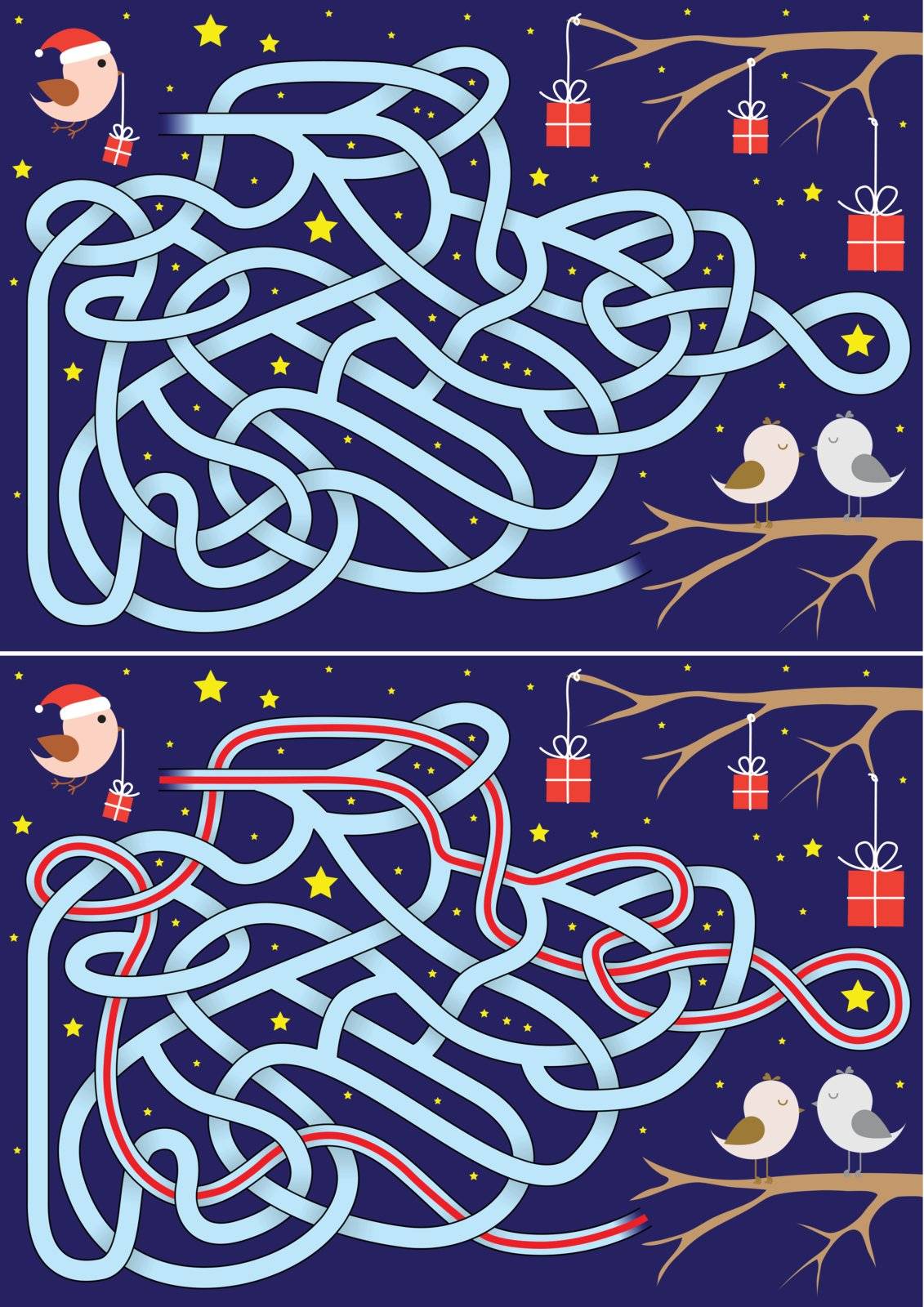 Christmas maze for kids with a solution