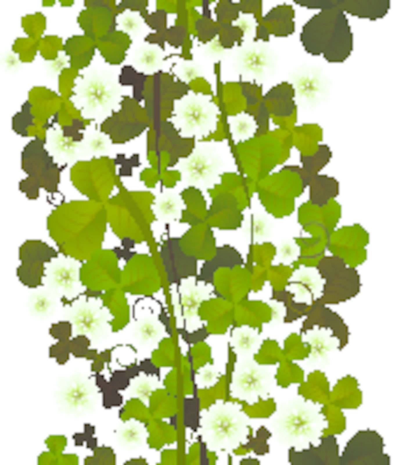 Clover leaves and flowers seamless tile on white.