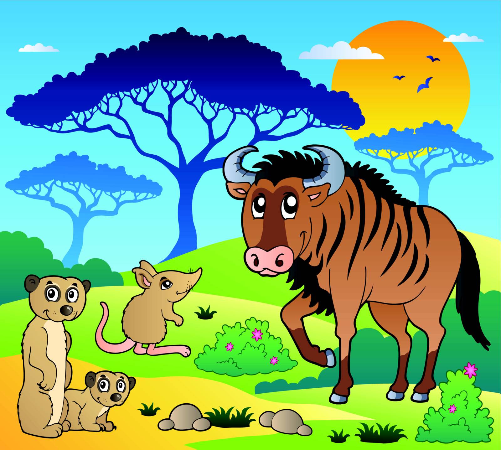 Savannah scenery with animals 3 - vector illustration.