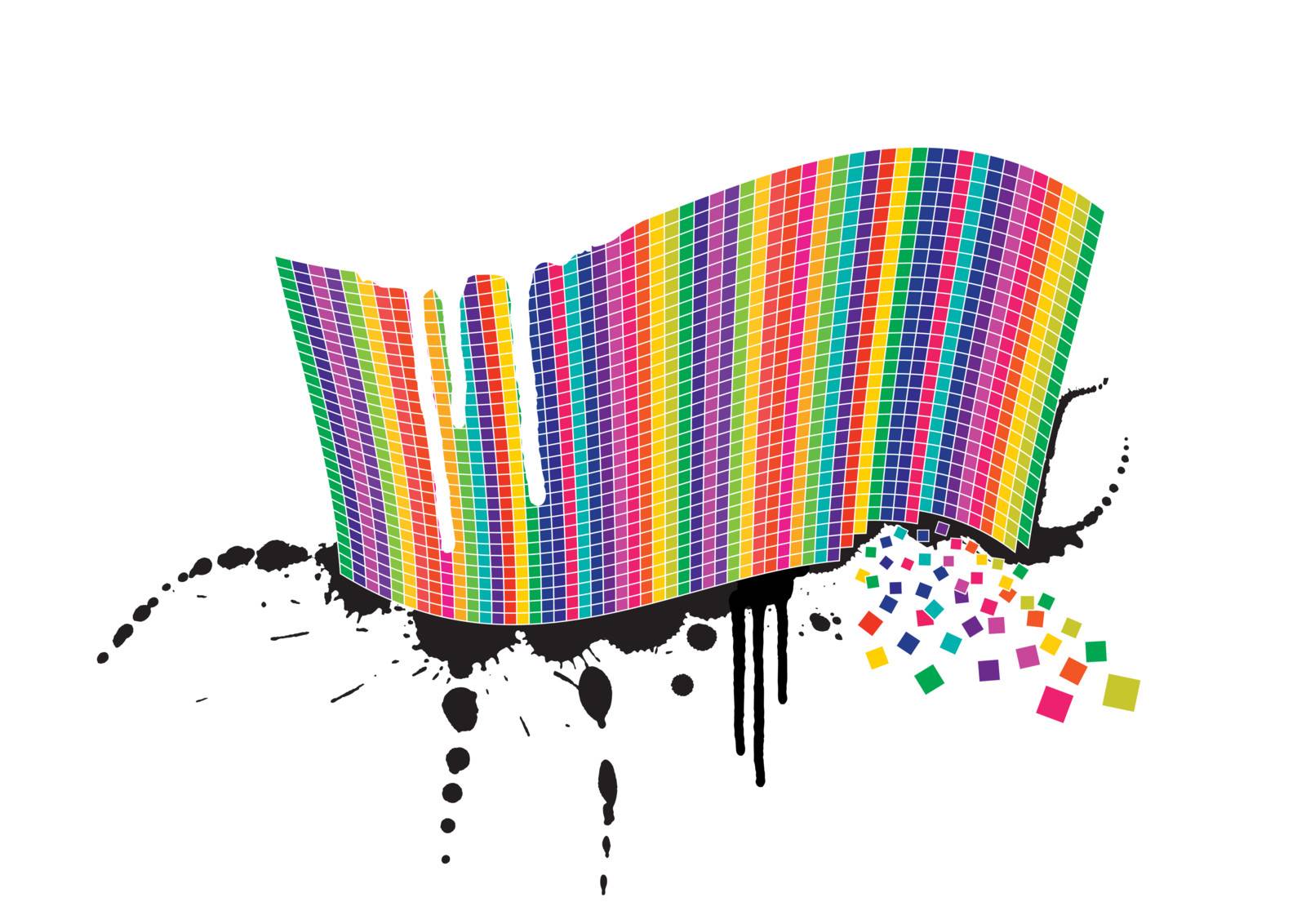 Vector illustration of a wavy rainbow wall full of squares with black ink splatter below it and white paint over it. Little squares falling away.