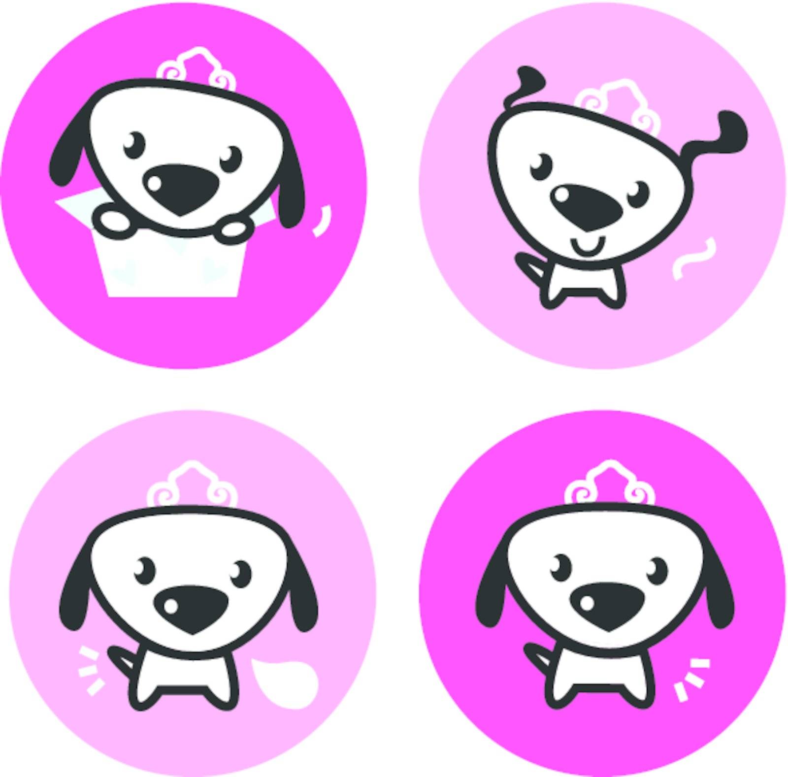 Cute female dog with crown pink icons or buttons set by Lordalea