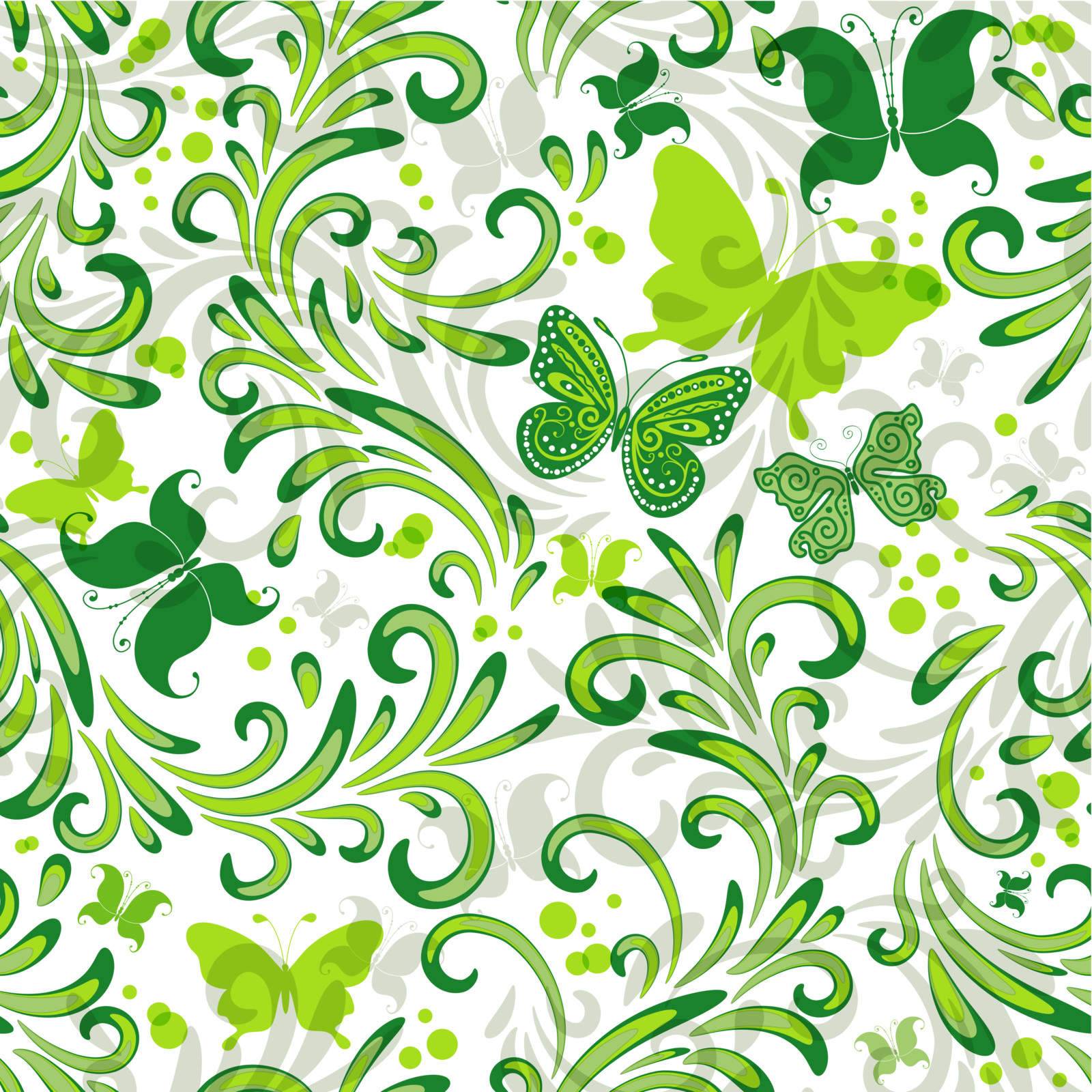 White repeating floral pattern with green curls and butterflies (vector EPS 10)