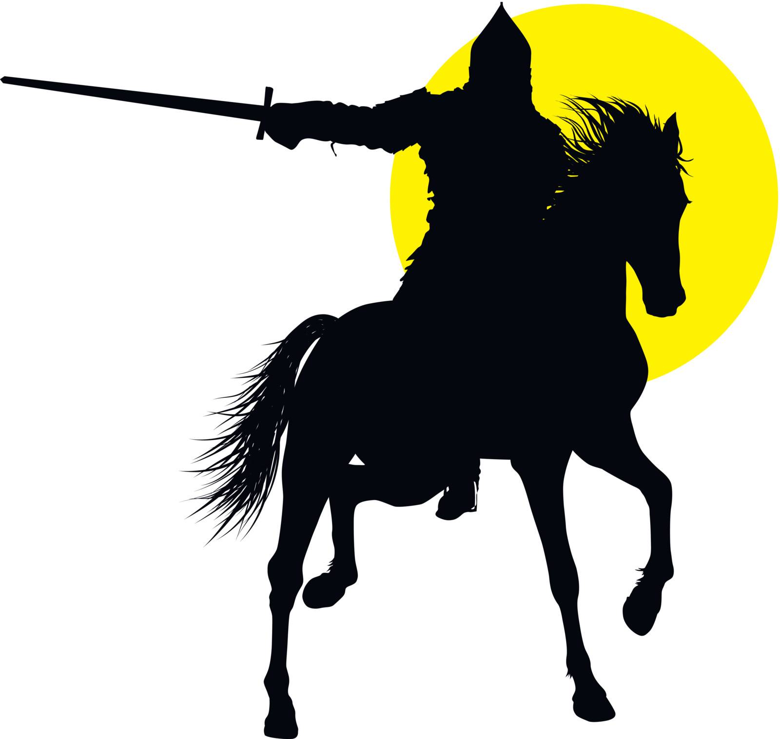 Knight with sword riding on horseback detailed vector silhouette