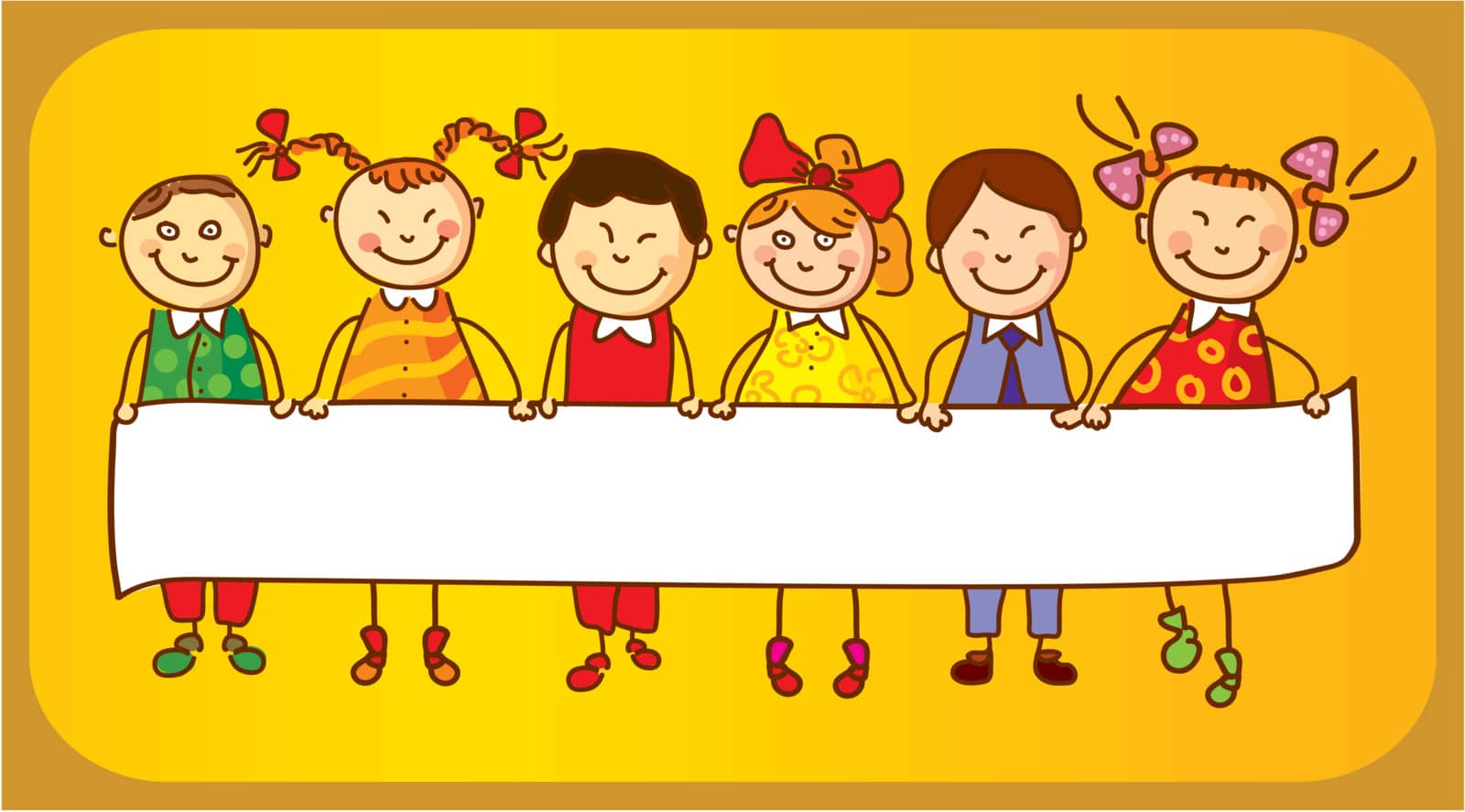 Six cute kids holding a sign on yellow background