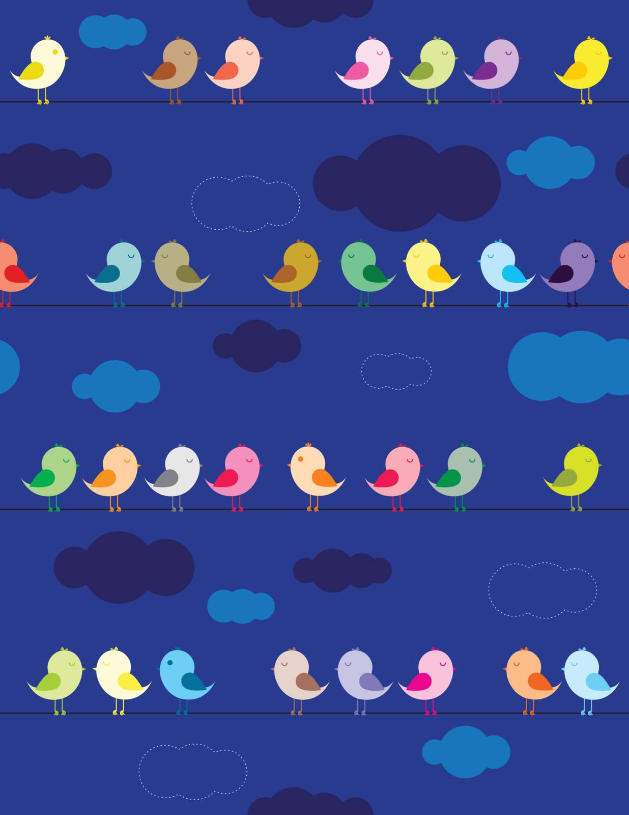 Colorful birds sitting on wires in the night seamless pattern for kids