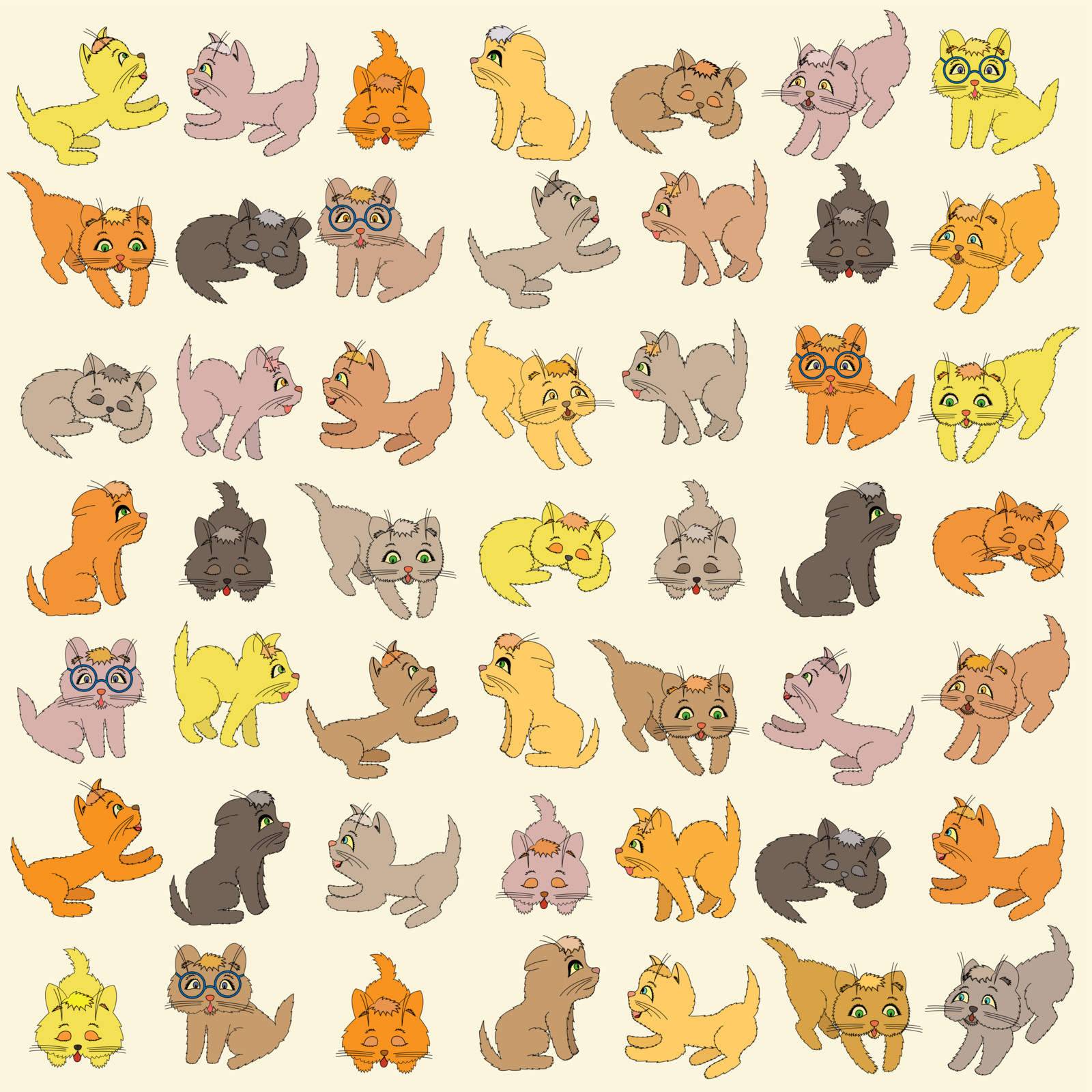 Set of various small colored cartoon kittens, editable vector illustration