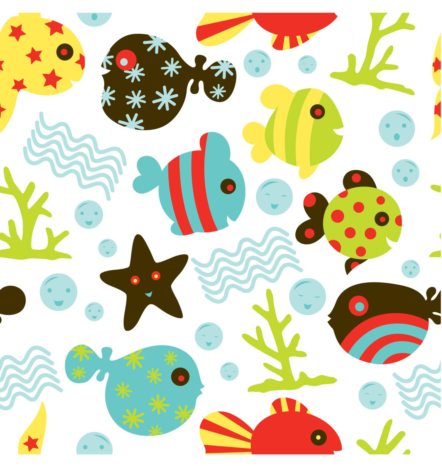 A seamless pattern of variety of fun fish character with other under water objects.