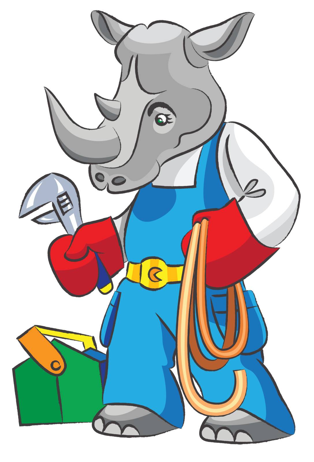 Cartoon rhinoceros is the plumber with 
an adjustable spanner and a hose, all layers separately, it is easy to change color and the size, gradients and transparency are not present