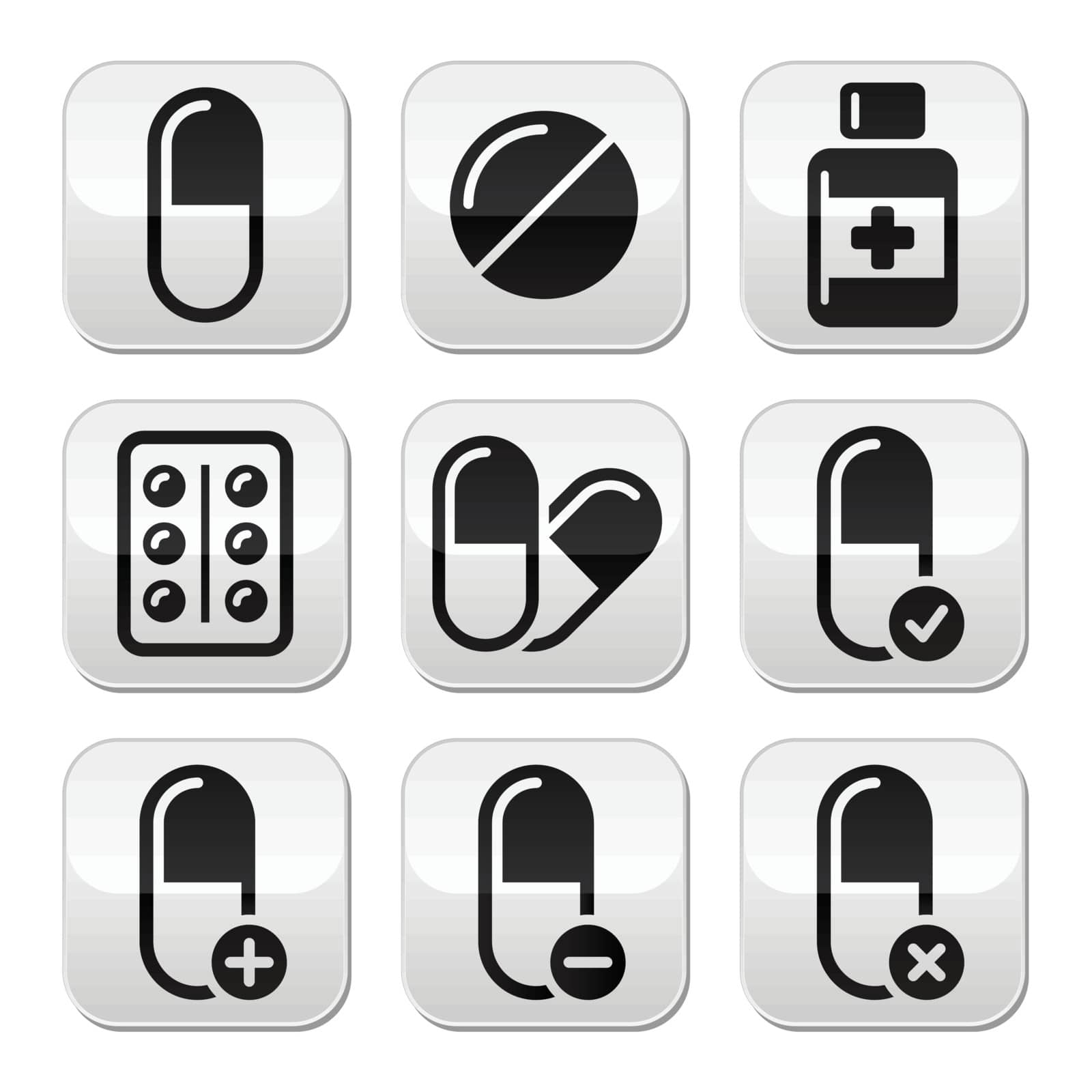 Modern grey square buttons isolated on white - health, medicine, pills, addiction