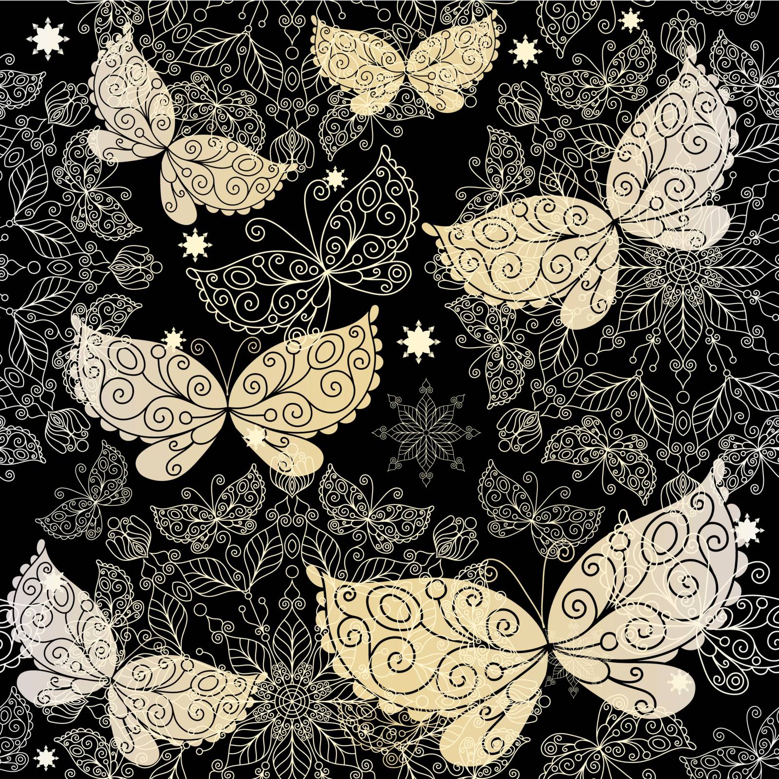 Dark vintage lacy seamless pattern with white-pink mandala and butterflies (vector EPS 10)