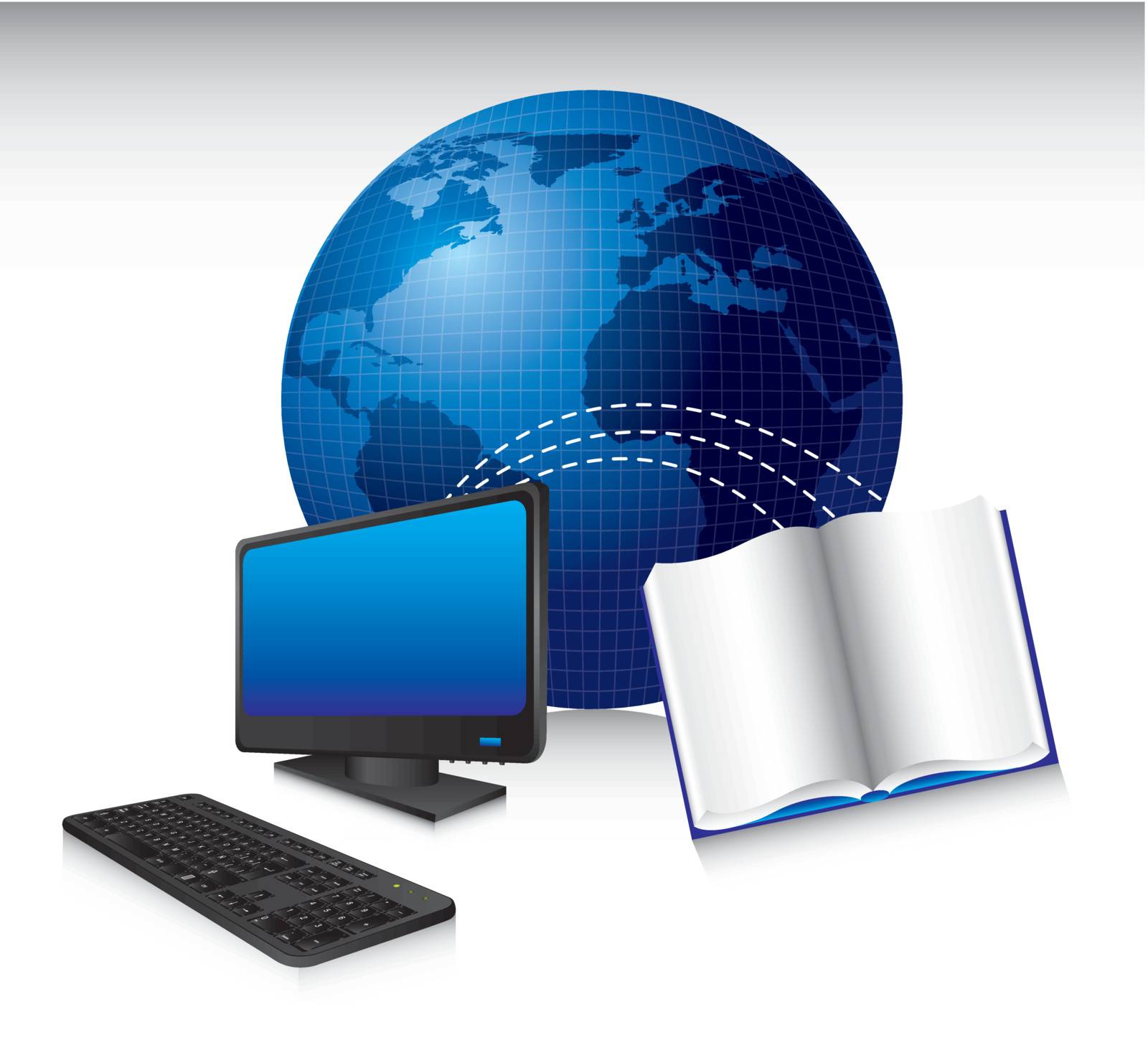 computer with  book and world, technology. vector illustration