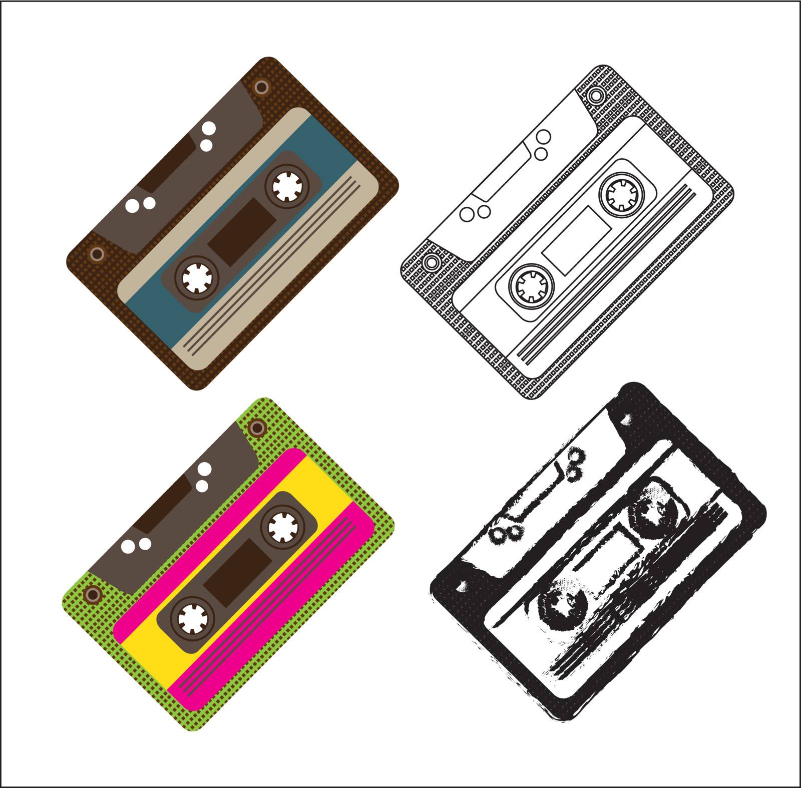 vintage group of cassettes over white background