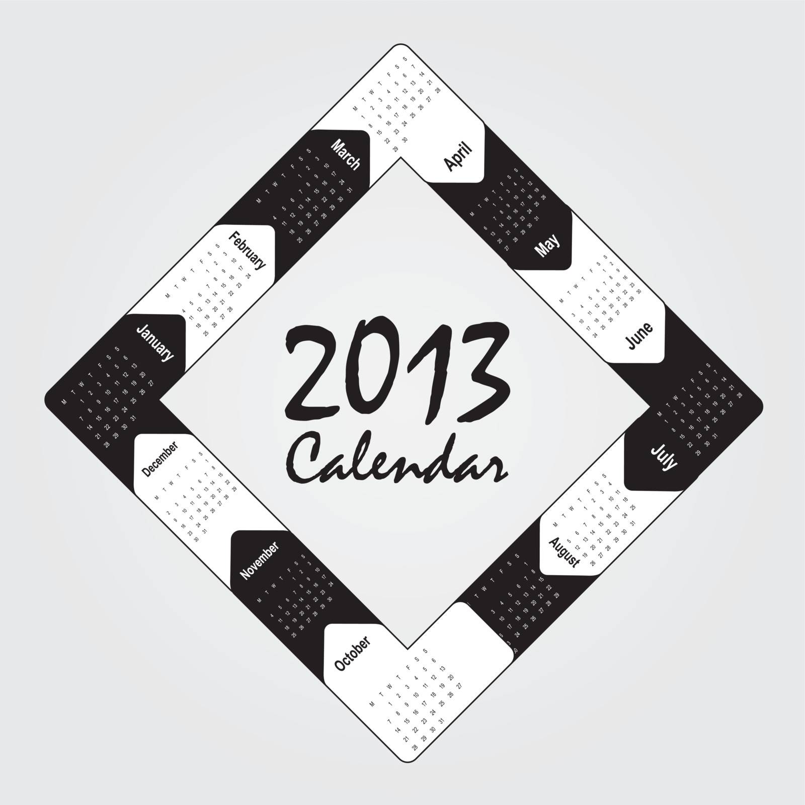 black and white 2013 calendar over white background