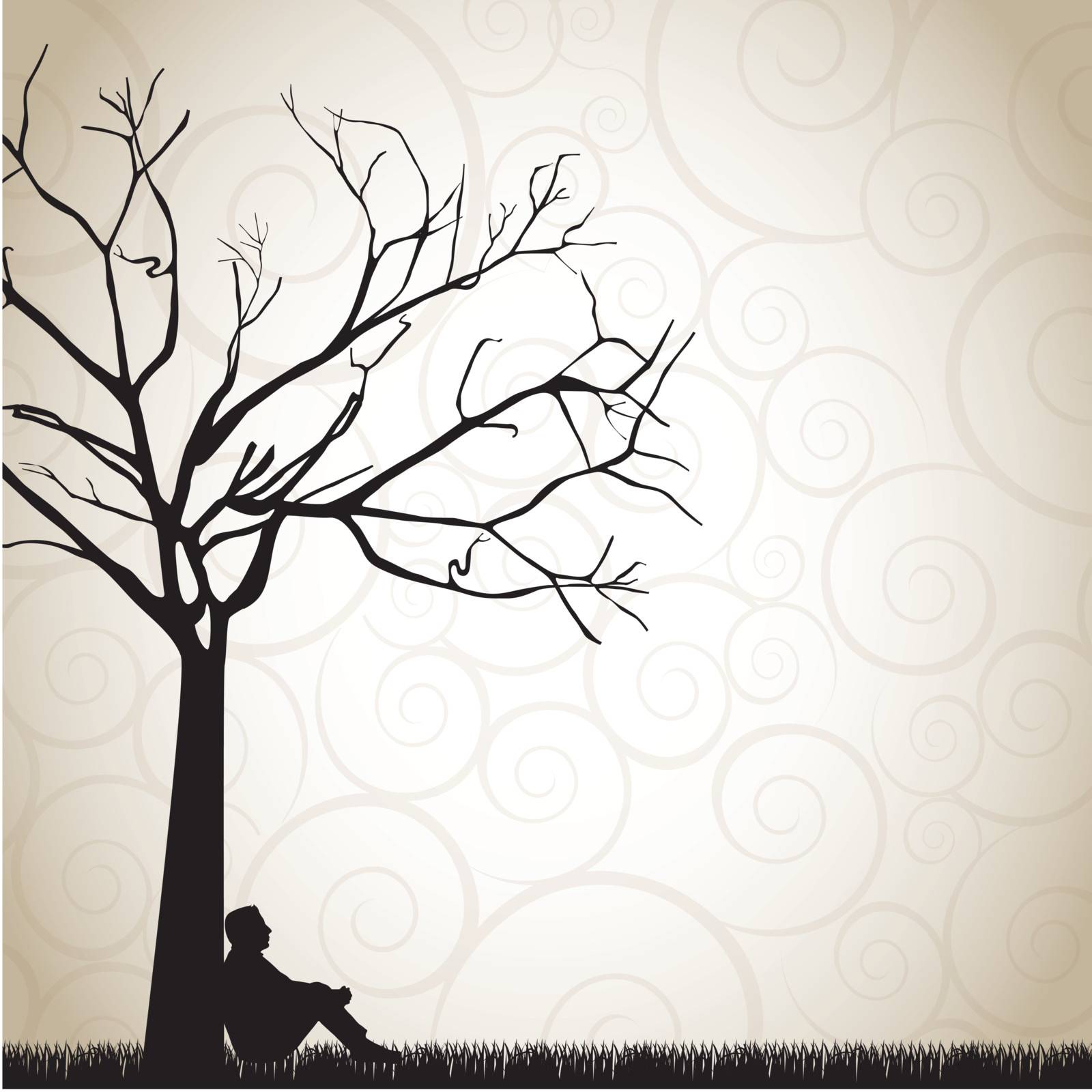 silhouette of a pensive man under a tree vector illustration