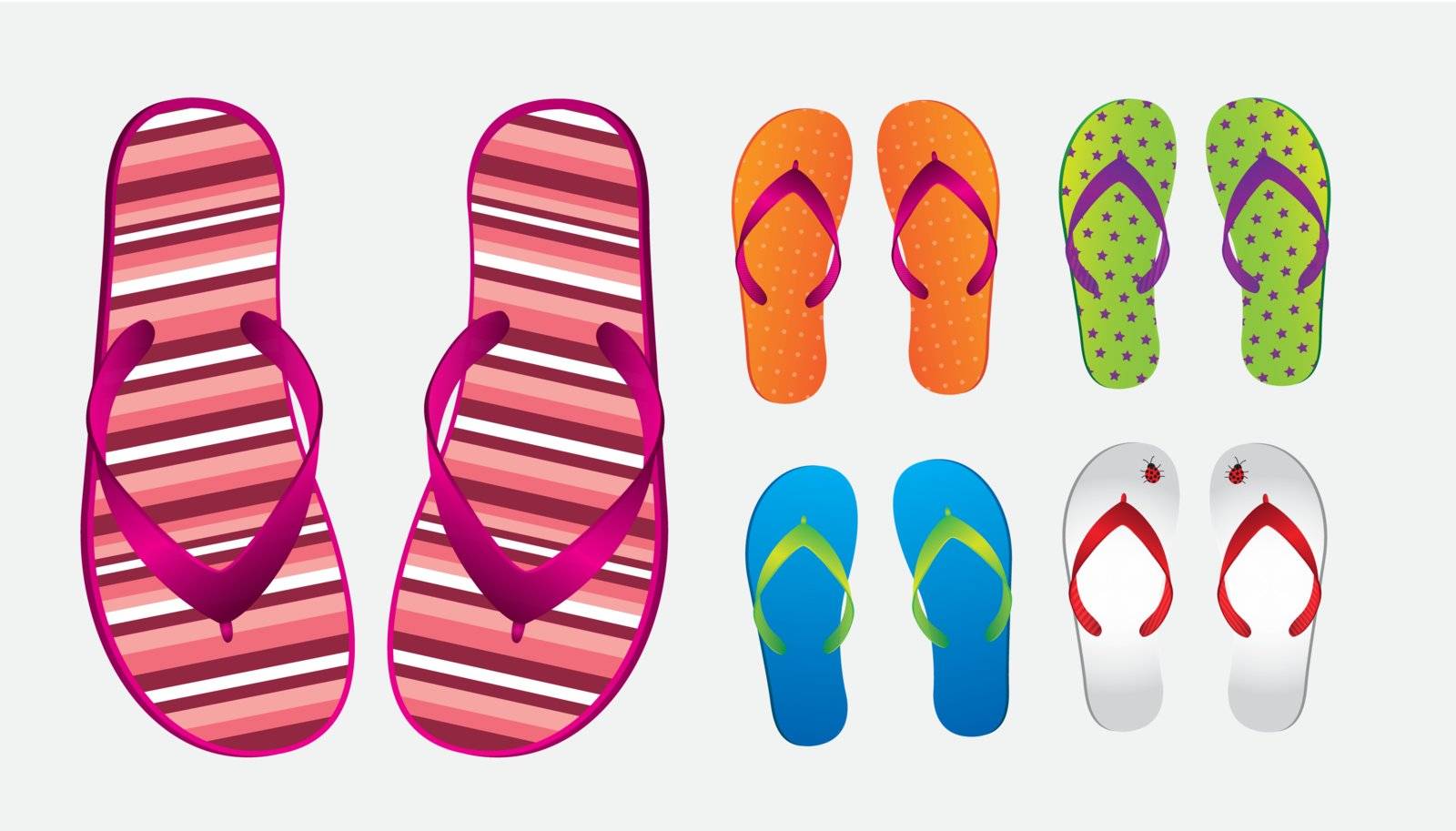 different styles and colors of flip flops over white background
