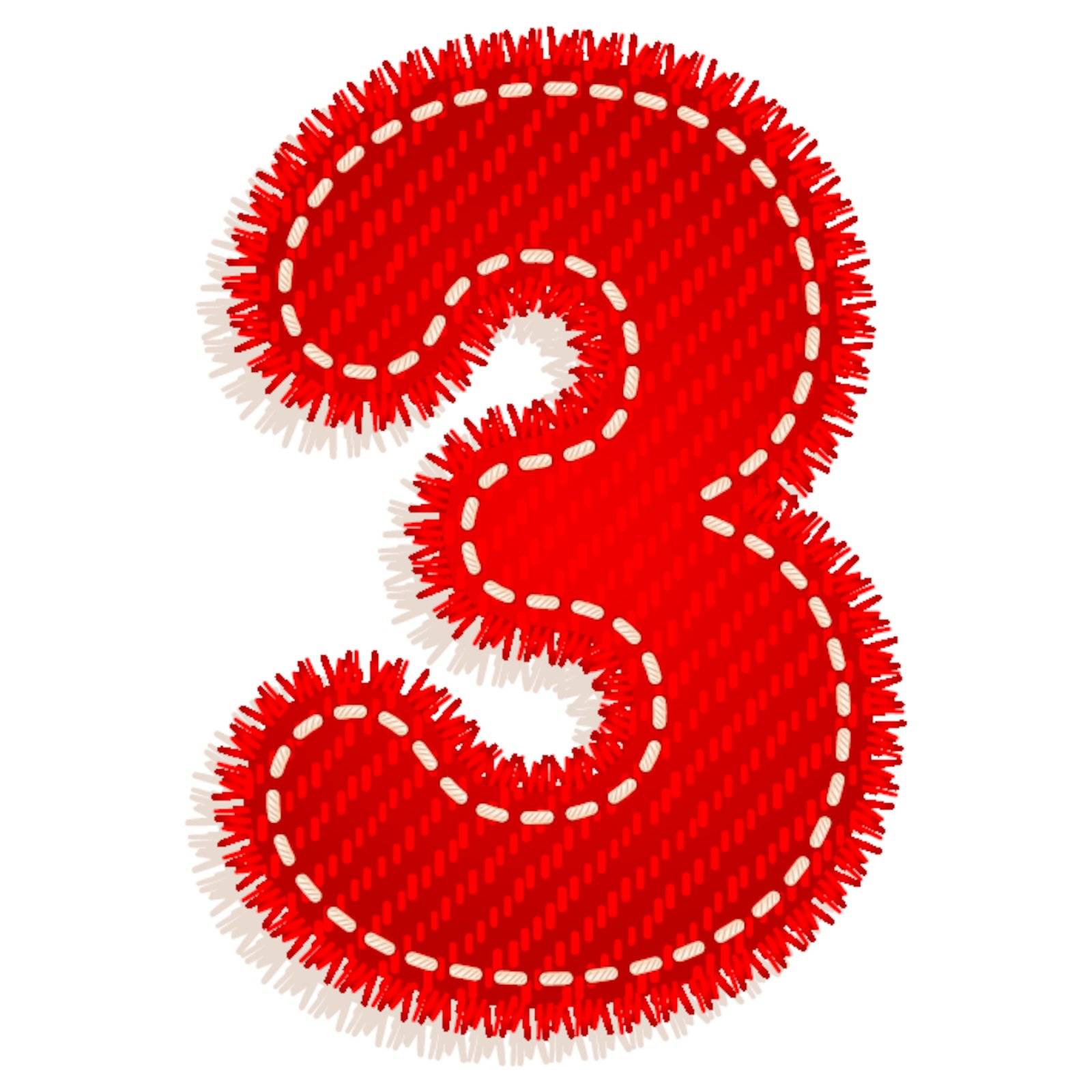 Digit three from red textile alphabet