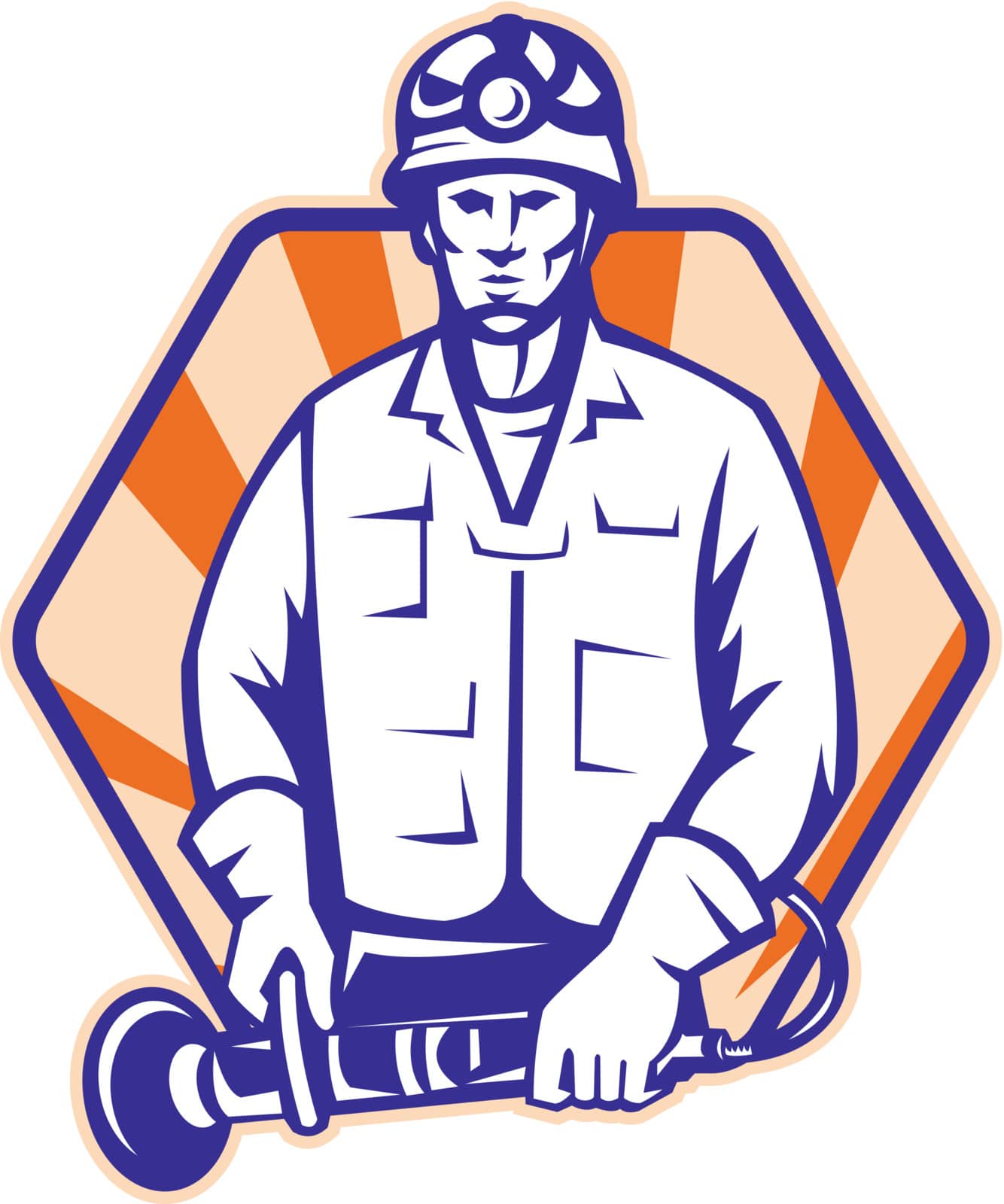 Illustration of an emergency worker holding angle grinder tool facing front done in retro woodcut style.
