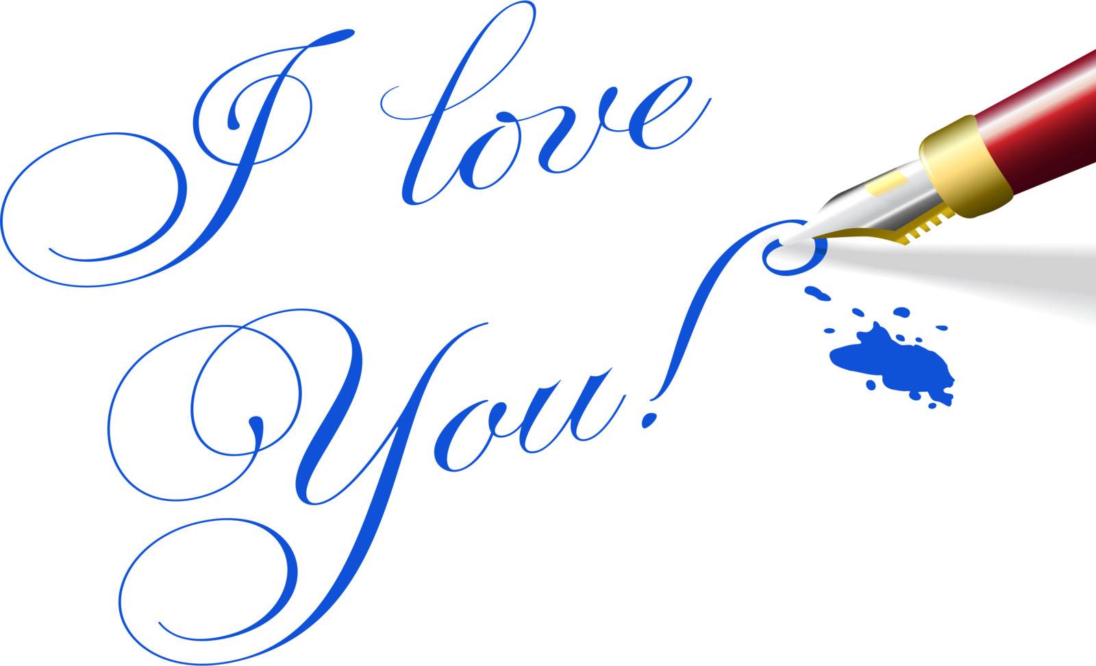 Red fountain pen writes I love You romantic words in blue ink