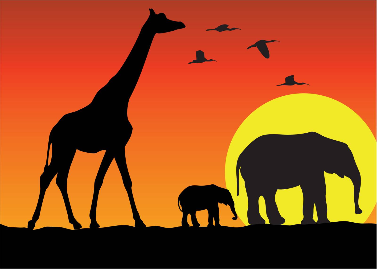 vector giraffe and elephants in africa