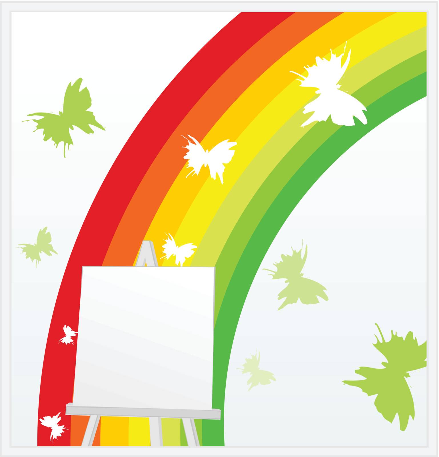 Easel against a rainbow and butterflies. A vector illustration