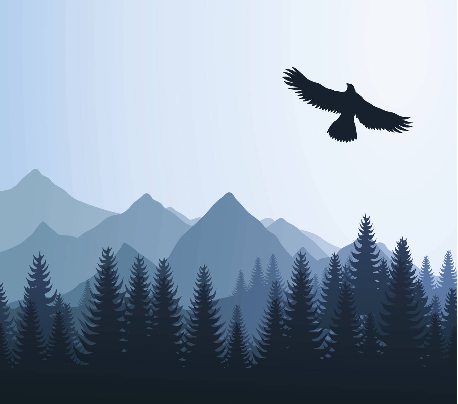 Eagle over woods and mountains. A vector illustration