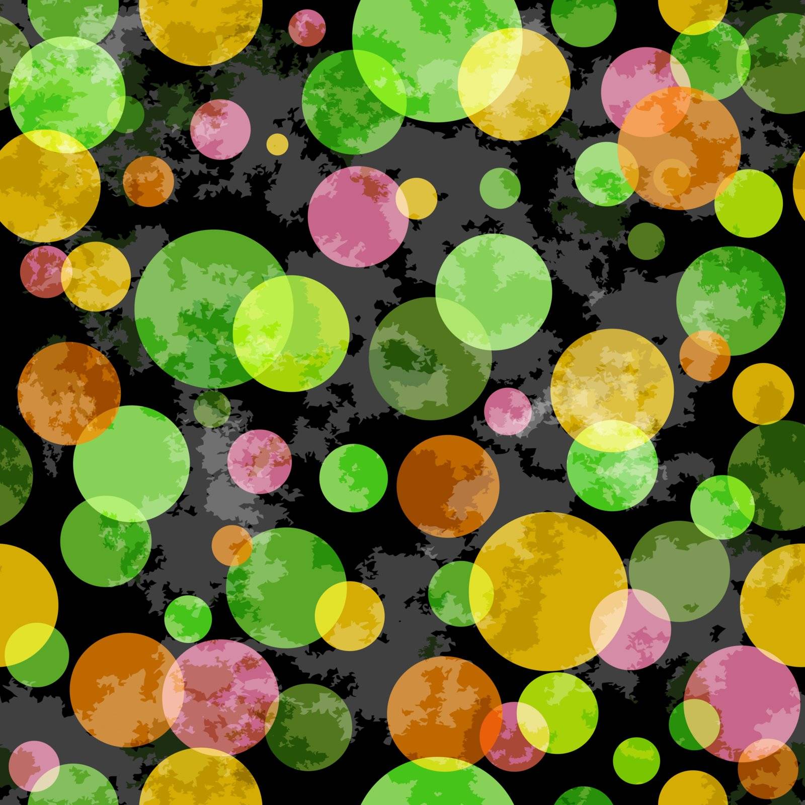 Seamless dark grunge spotty pattern with colorful translucent balls (vector EPS 10)
