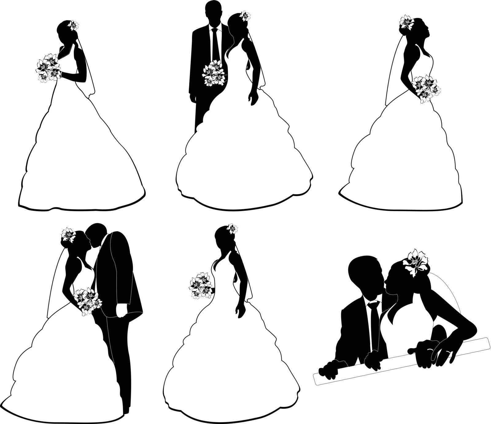 Vector of silhouettes wedding pairs in different situations