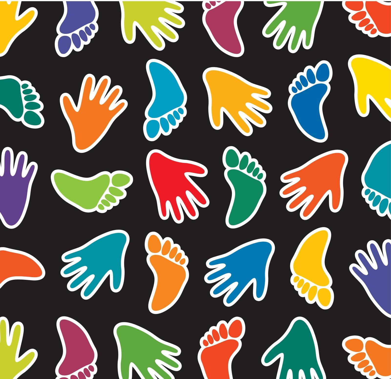 vector colorful feet and hands on black background