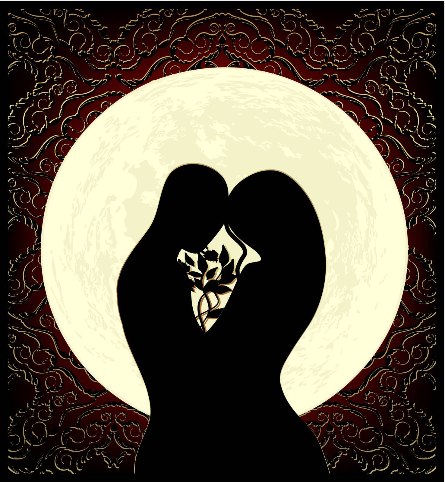 Silhouettes of lovers, a big full moon and ornament
