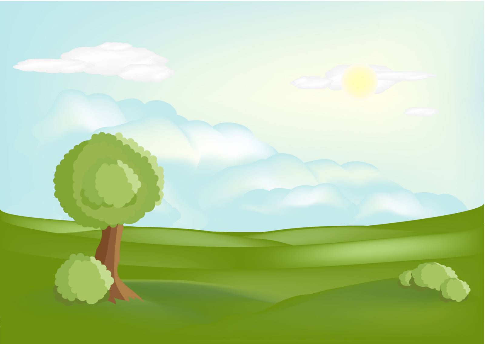 Illustrated summer landscape with the sun, clouds, field and tree