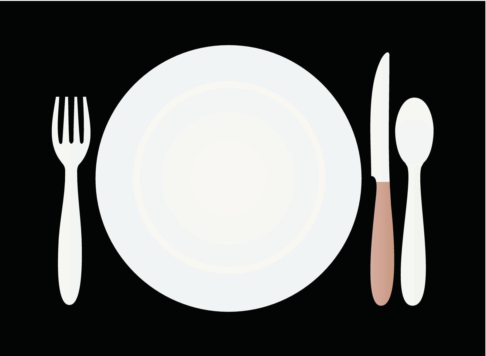 Plate, plug, knife and spoon of white colour on a black background