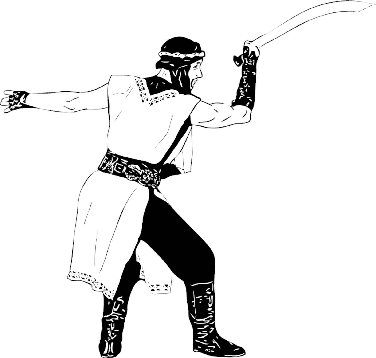 black and white drawing men with swords in their hands