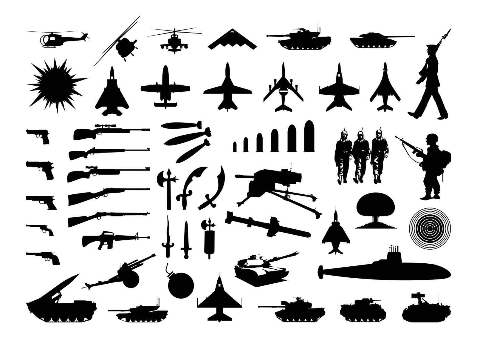 Silhouettes of the various weapon and engineering. A vector illustration