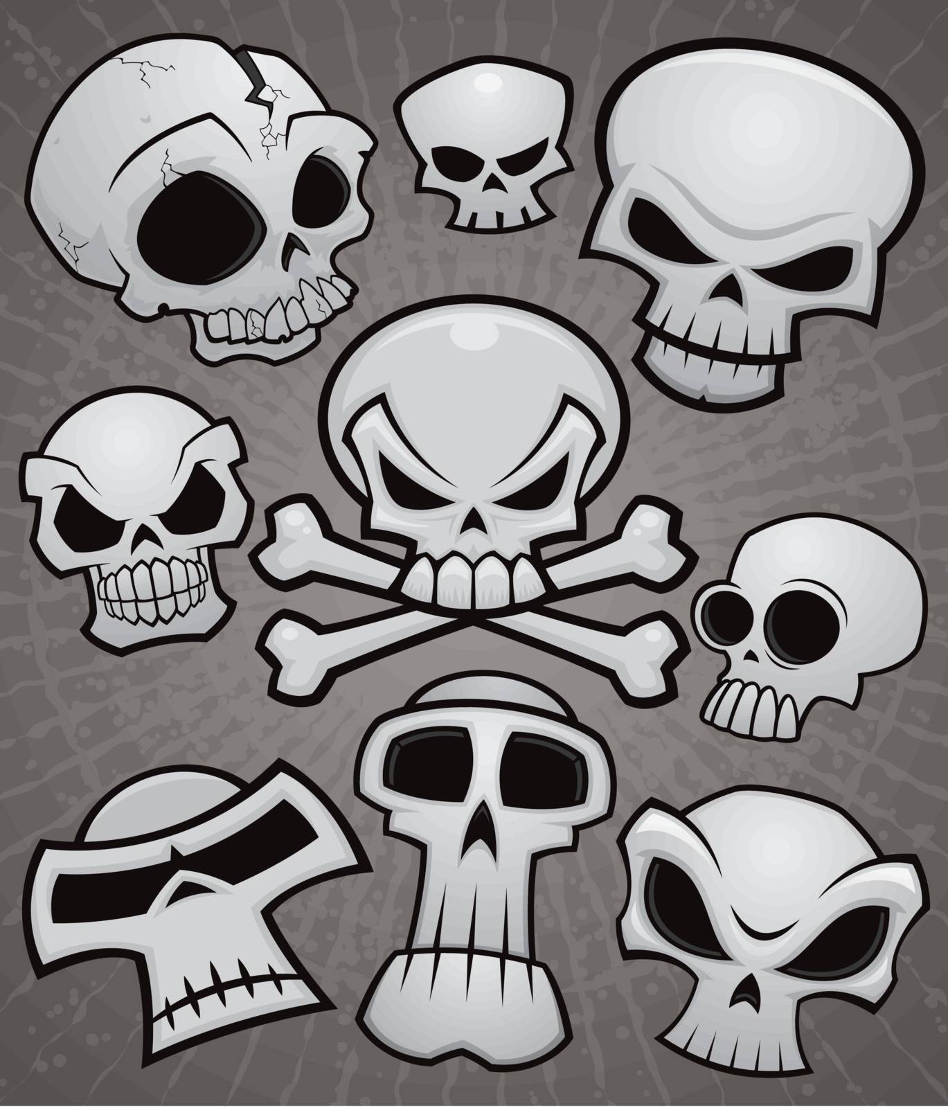 A collection of vector cartoon skulls in various styles.