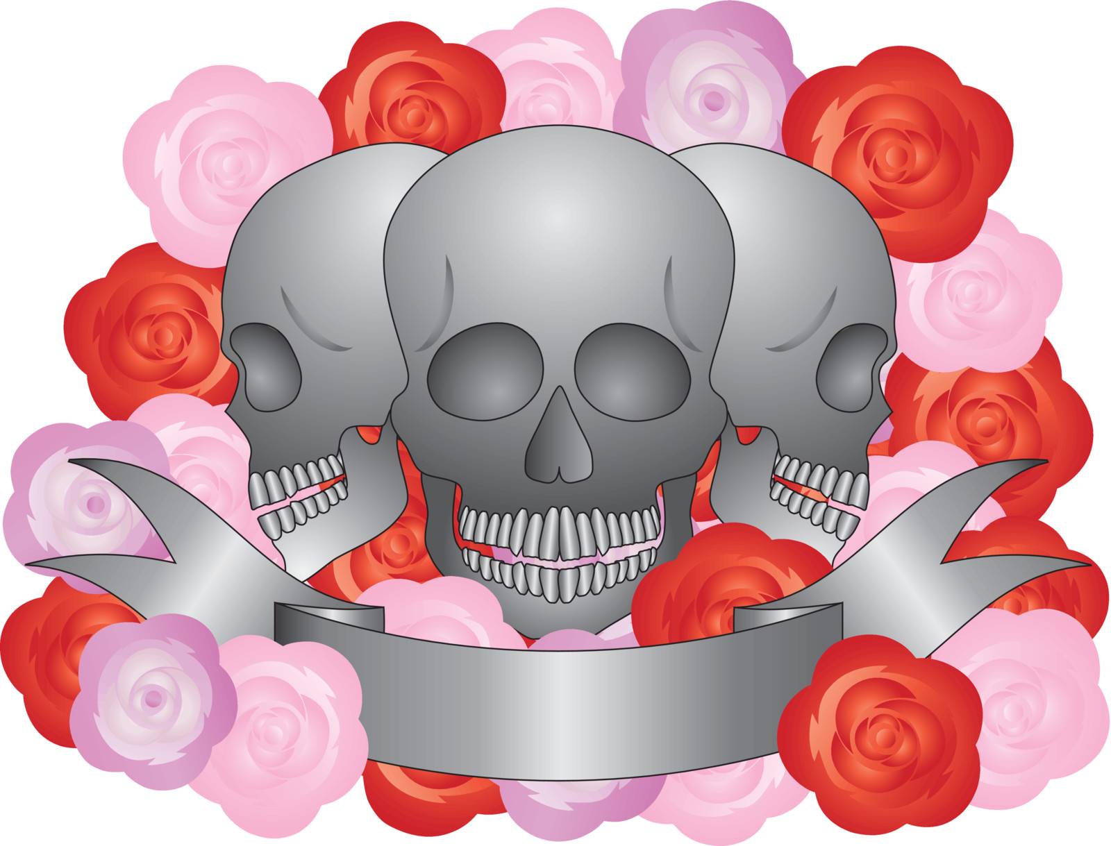 Three Skulls with Banner and Roses Illustration
