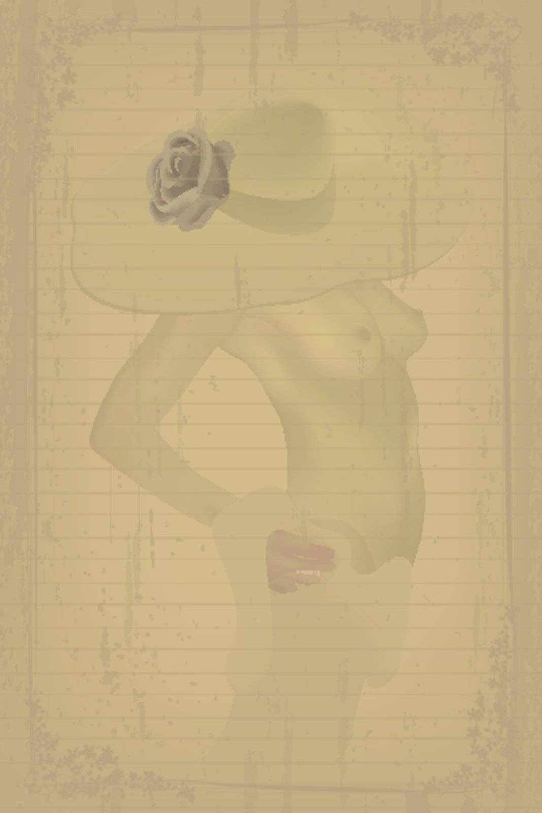Grunge style graphic with a nude of a woman and rose hat. Gradient mesh and transparency effect.