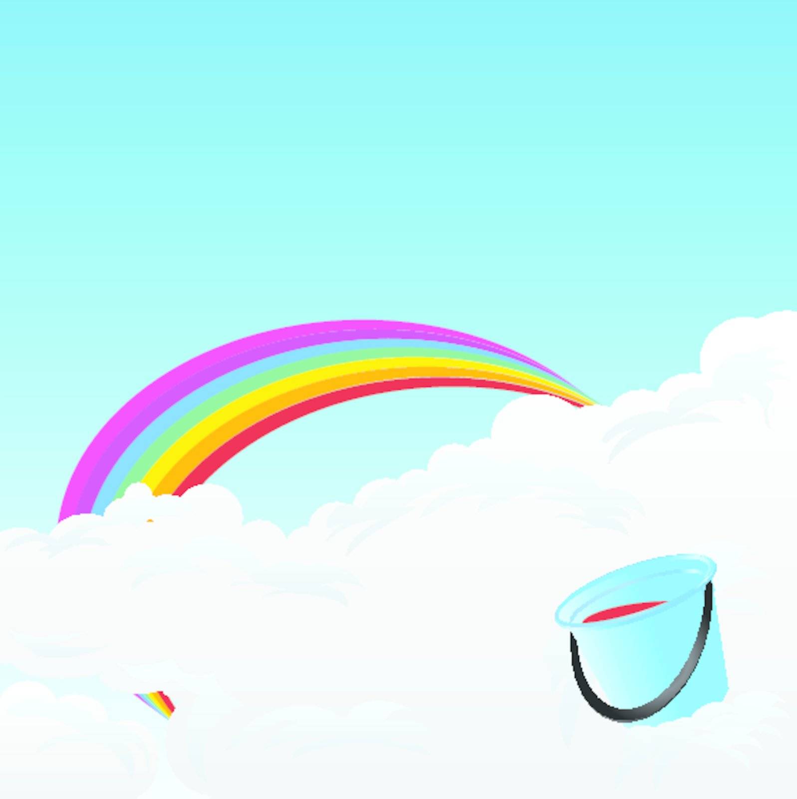 Rainbow in the clouds and a bucket of red paint. Vector illustration.