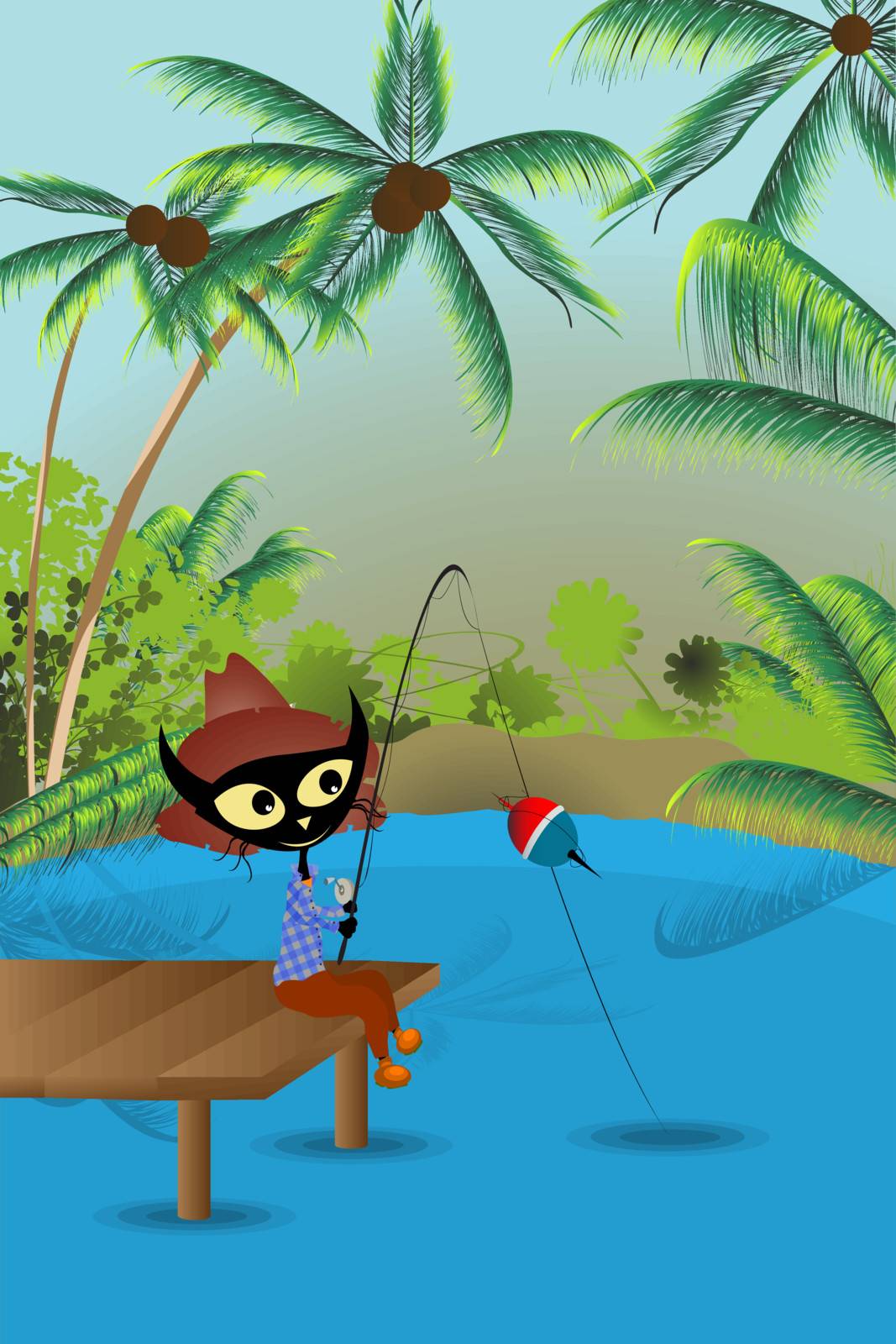 Cool cat fishing in a lake, fantasy illustration