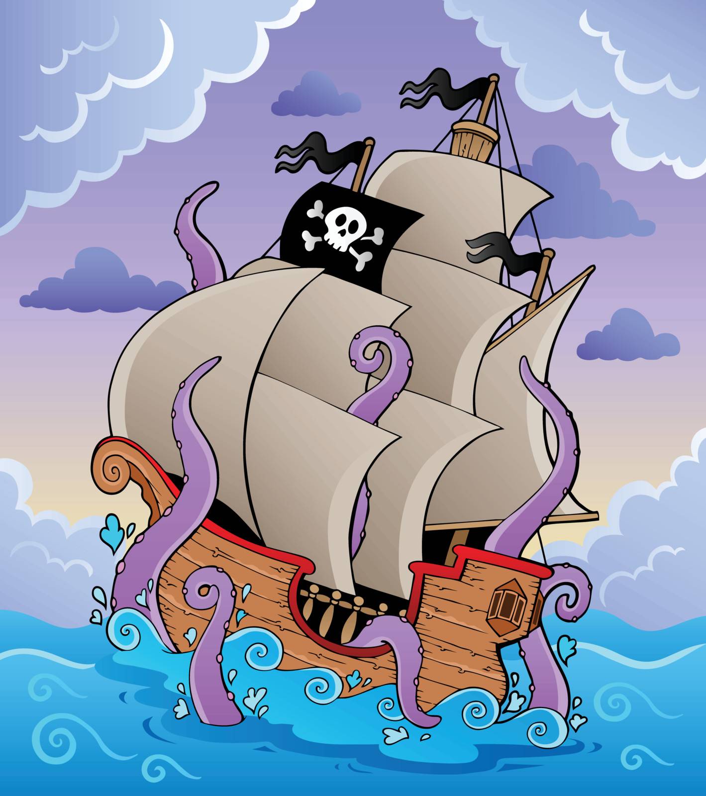 Pirate ship with tentacles in storm - vector illustration.