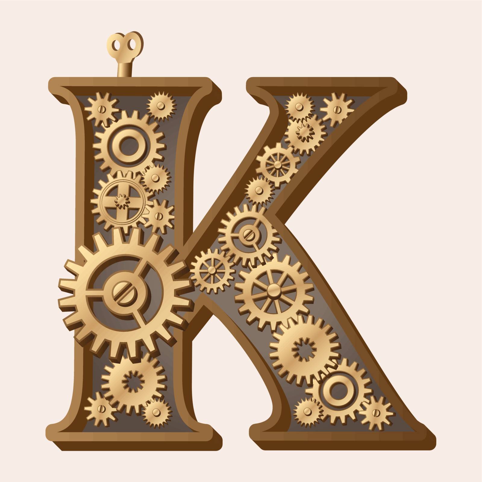 Mechanical alphabet made from gears. Letter k