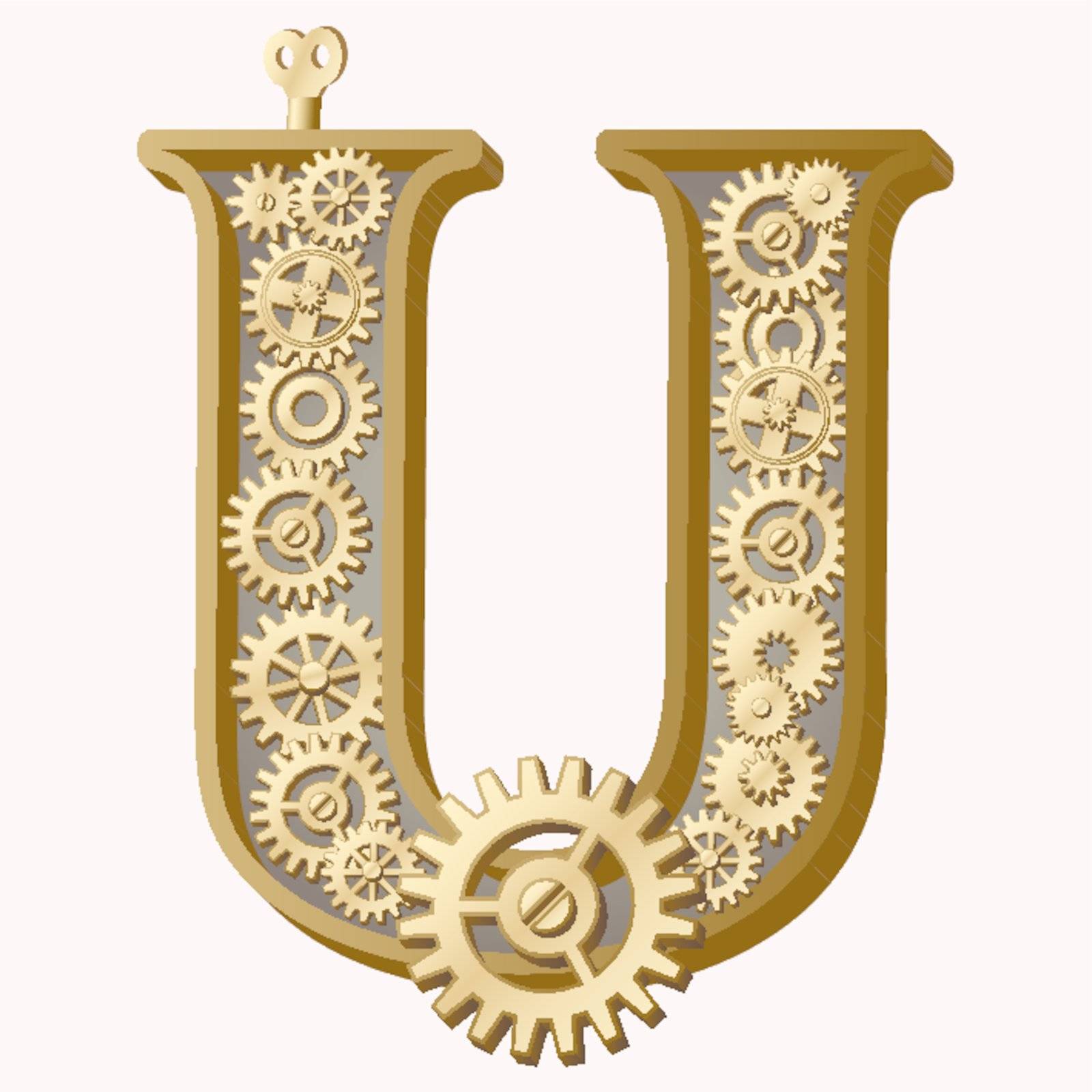 Mechanical alphabet made from gears. Letter u