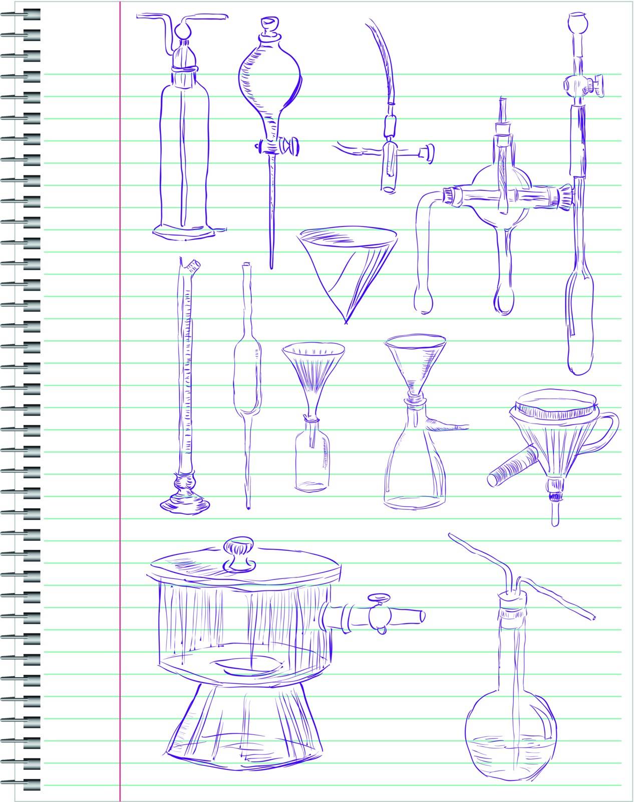 A set of laboratory equipment in a school notebook. Vector illustration.