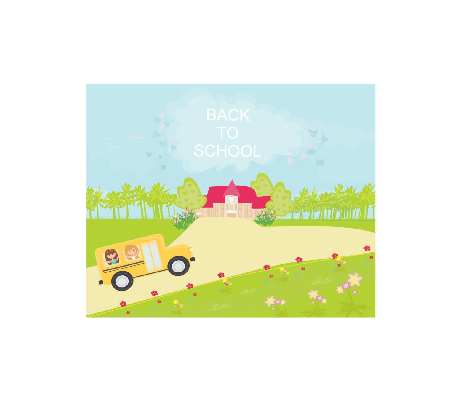 school bus heading to school with happy children by JackyBrown