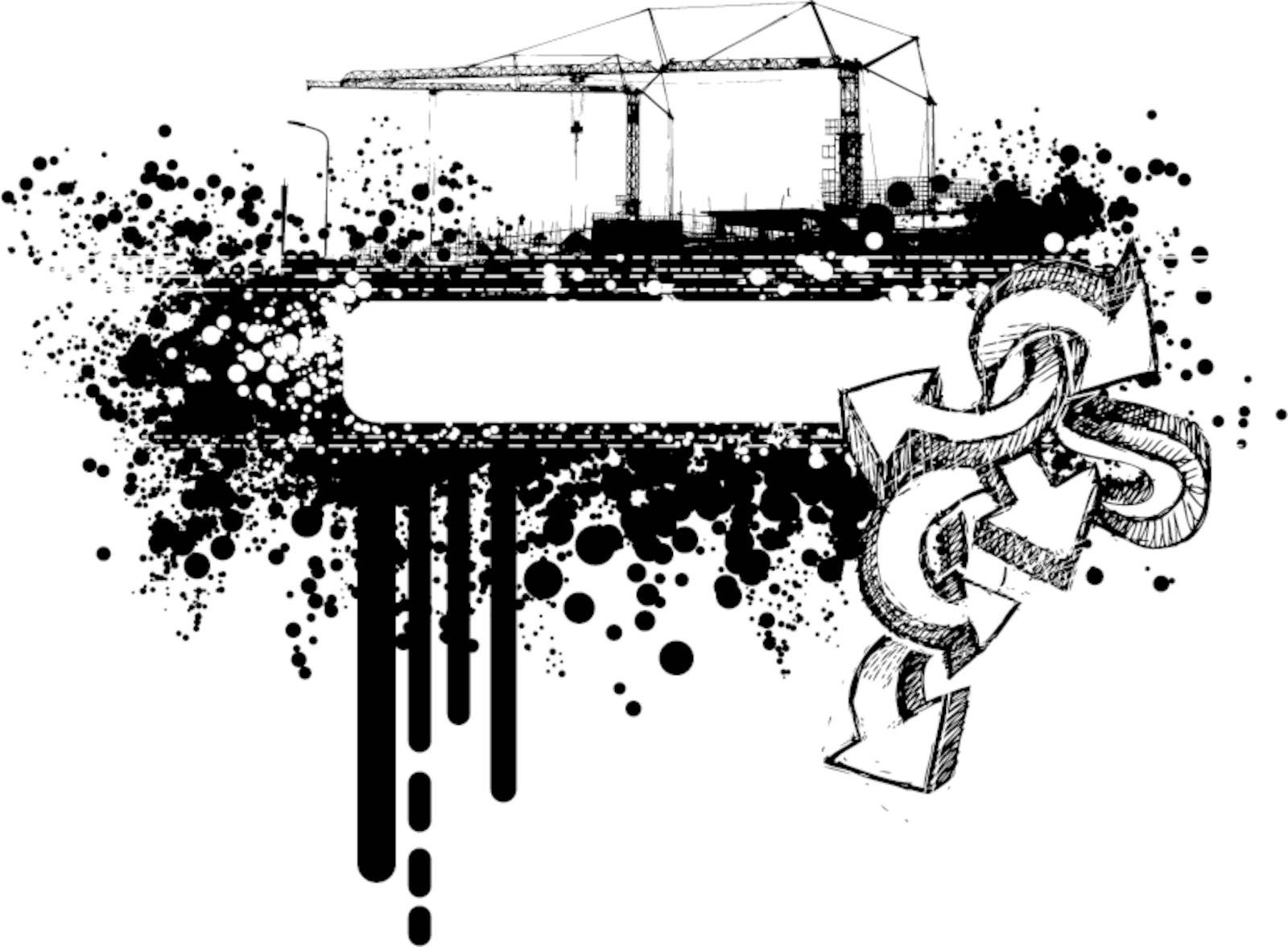 Grunge urban graphic frame with splatters, drops, stains, graffiti and cranes.